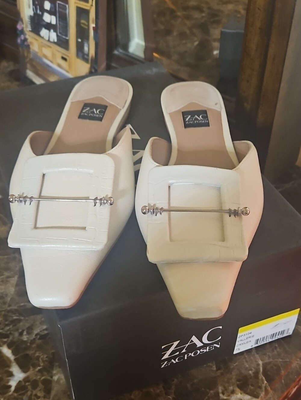 ZAC Zac Posen Cream Square-Buckle Pointed Mules